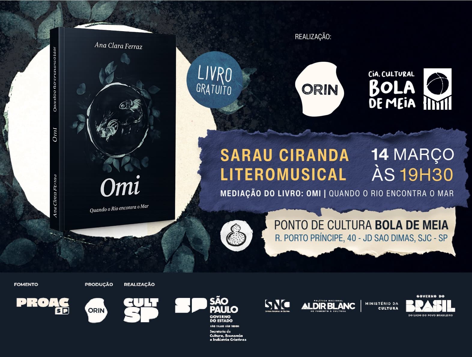 Banner do evento Sarau Ciranda Literomusical: Mediação do livro “Omi: Quando o rio encontra o mar”