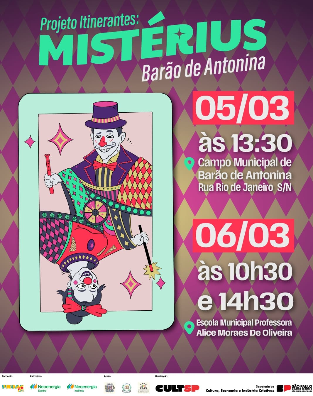 Banner do evento espetáculo Mistérius/Projeto Itinerantes/ Barão de Antonina