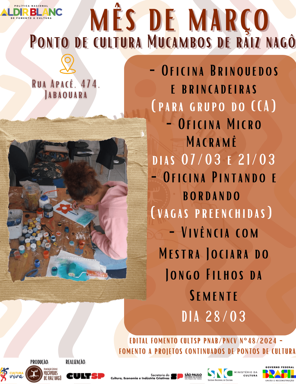 Banner do evento Agenda do mês de Março no Ponto de Cultura Mucambos de Raiz Nago