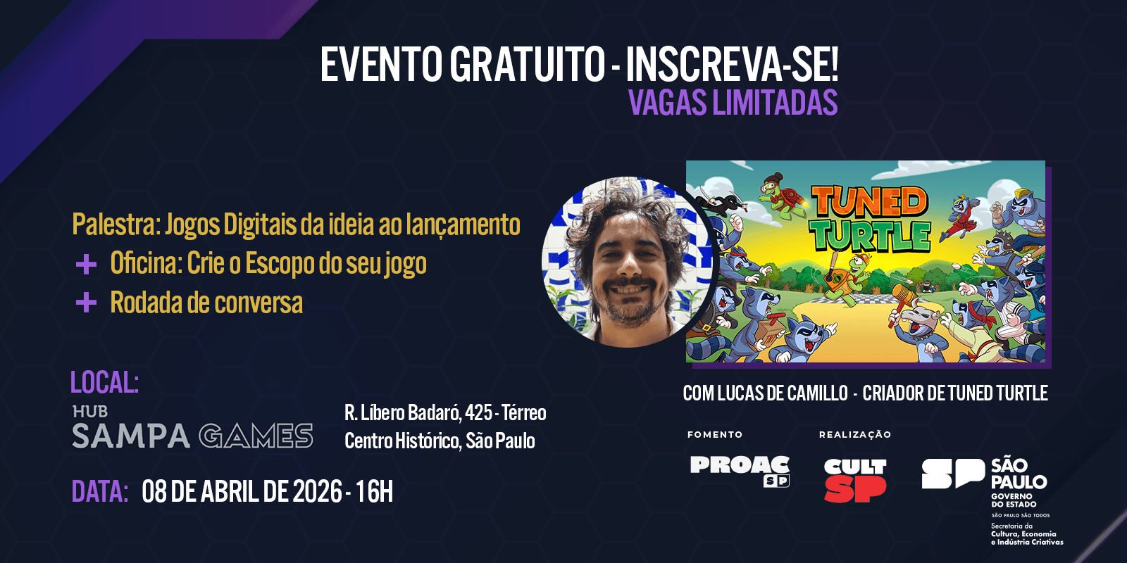 Banner do evento Palestra: Jogos Digitais da ideia ao lançamento e Oficina: Crie o Escopo do seu jogo