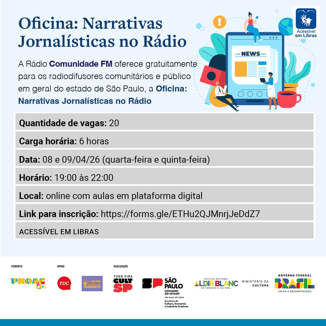 Banner do evento CURSO DE  FORMAÇÃO: "NARRATIVAS JORNALÍSTICAS NO RÁDIO"