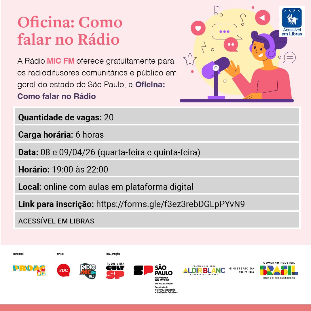 Banner do evento CURSO DE  FORMAÇÃO: "COMO FALAR NO RÁDIO"