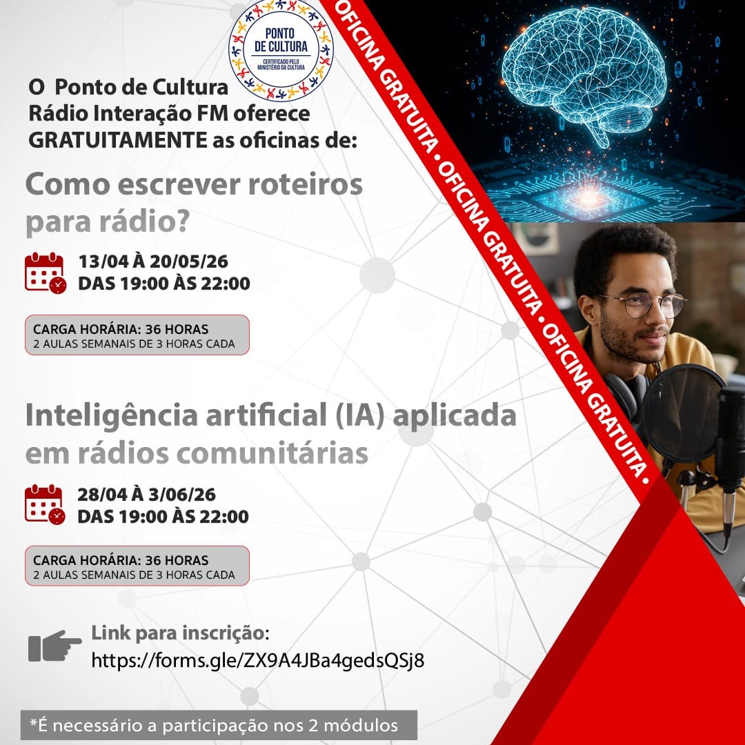 Banner do evento OFICINAS: Roteiros para rádio / Inteligência artificial (IA) em rádio comunitária