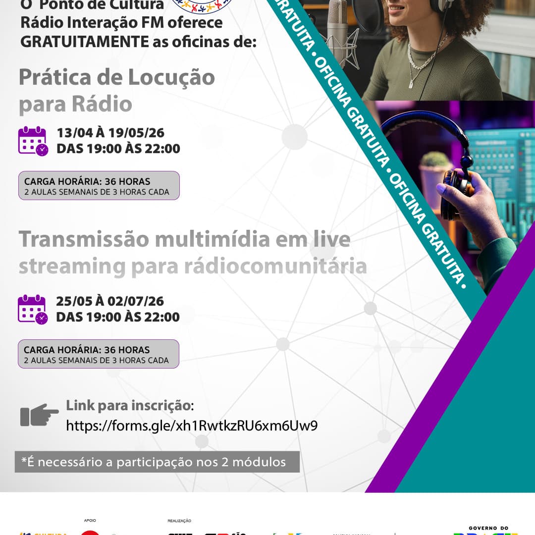 Banner do evento OFICINAS: Prática de Locução para Rádio / Transmissão multimídia em live streaming