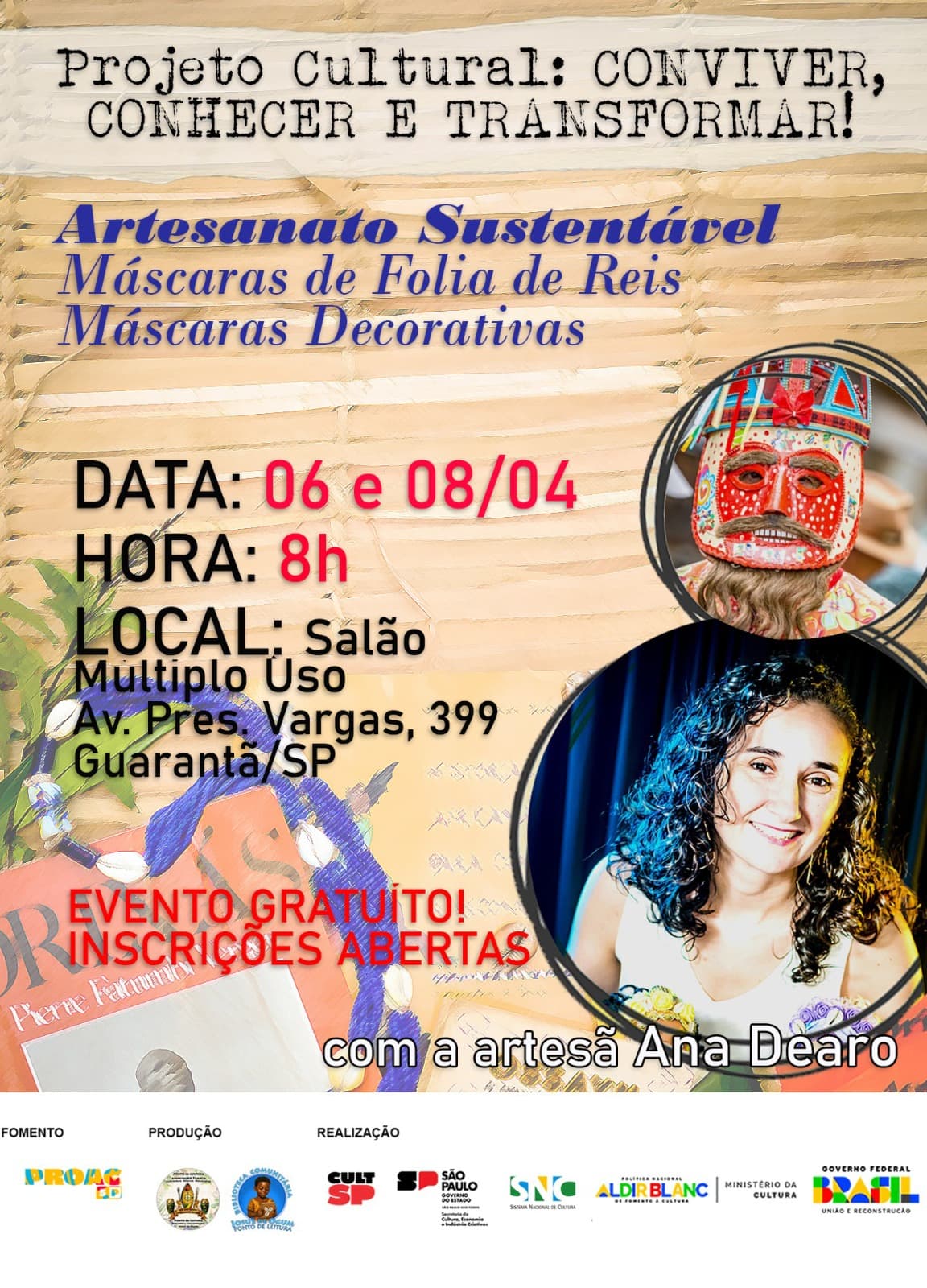 Banner do evento Oficina de MÁSCARAS ARTESANAIS DE FOLIA DE REIS 