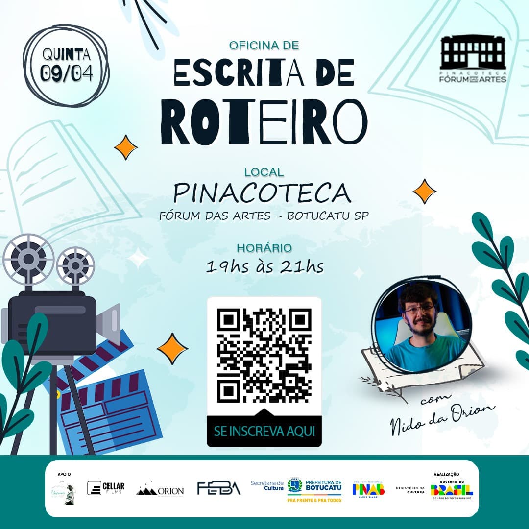 Banner do evento Oficina ESCRITA DE ROTEIRO com @orionbotucatu (gratuita) 📝🎥