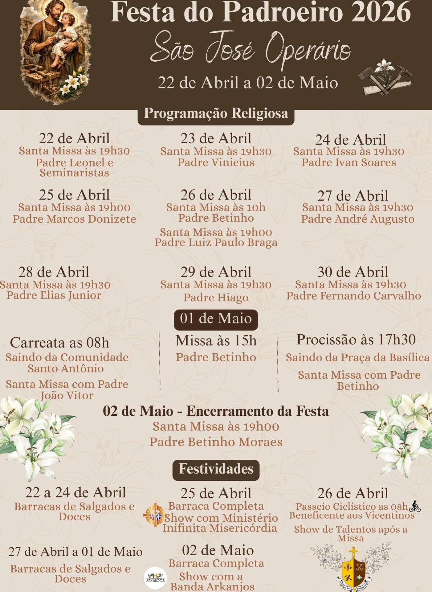 Banner do evento FESTA DO PADROEIRO 2026 - PARÓQUIA DE SÃO JOSÉ DO OPERÁRIO