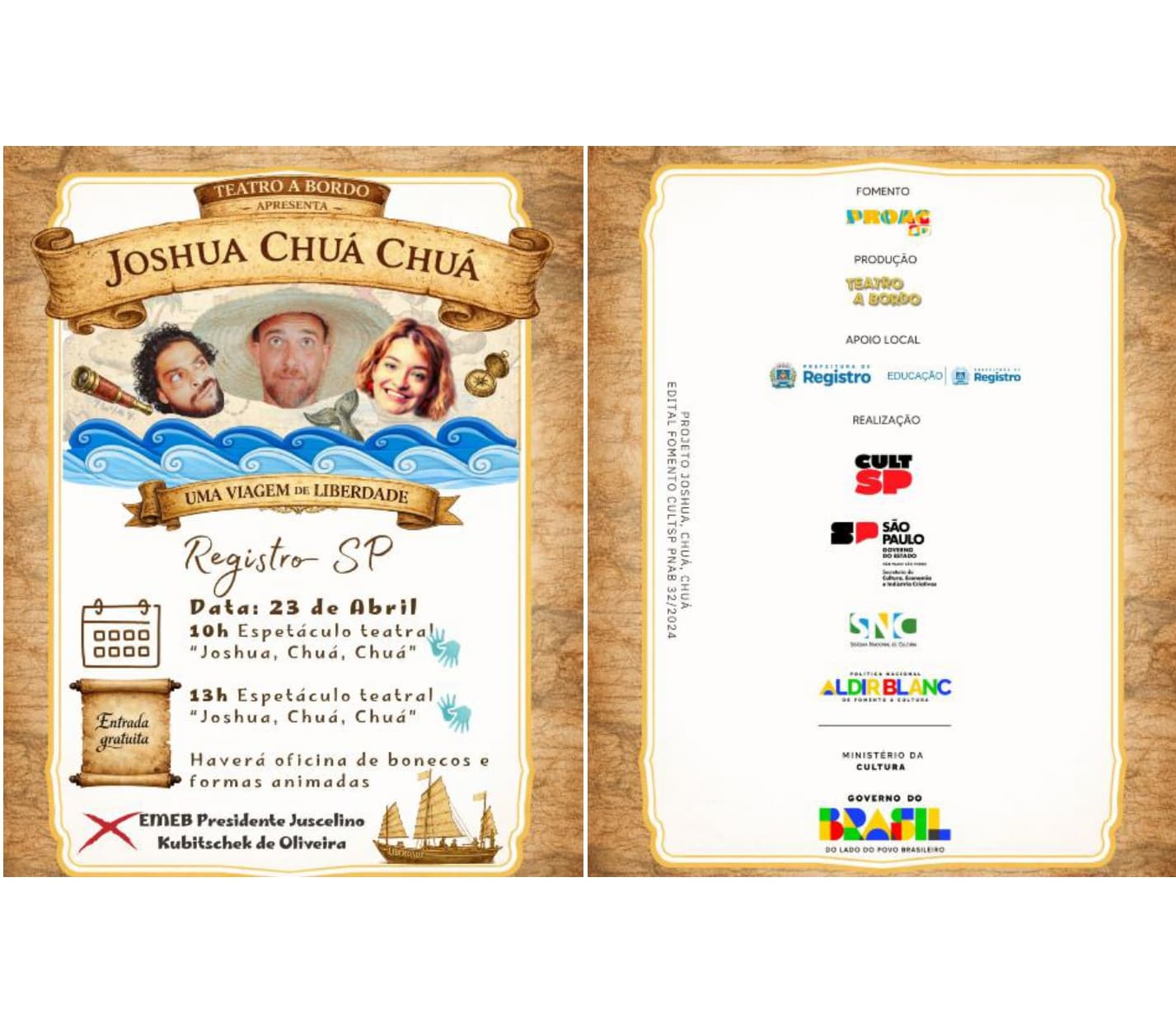 Banner do evento TEATRO: JOSHUA, CHUÁ, CHUÁ - UMA AVENTURA DE LIBERDADE