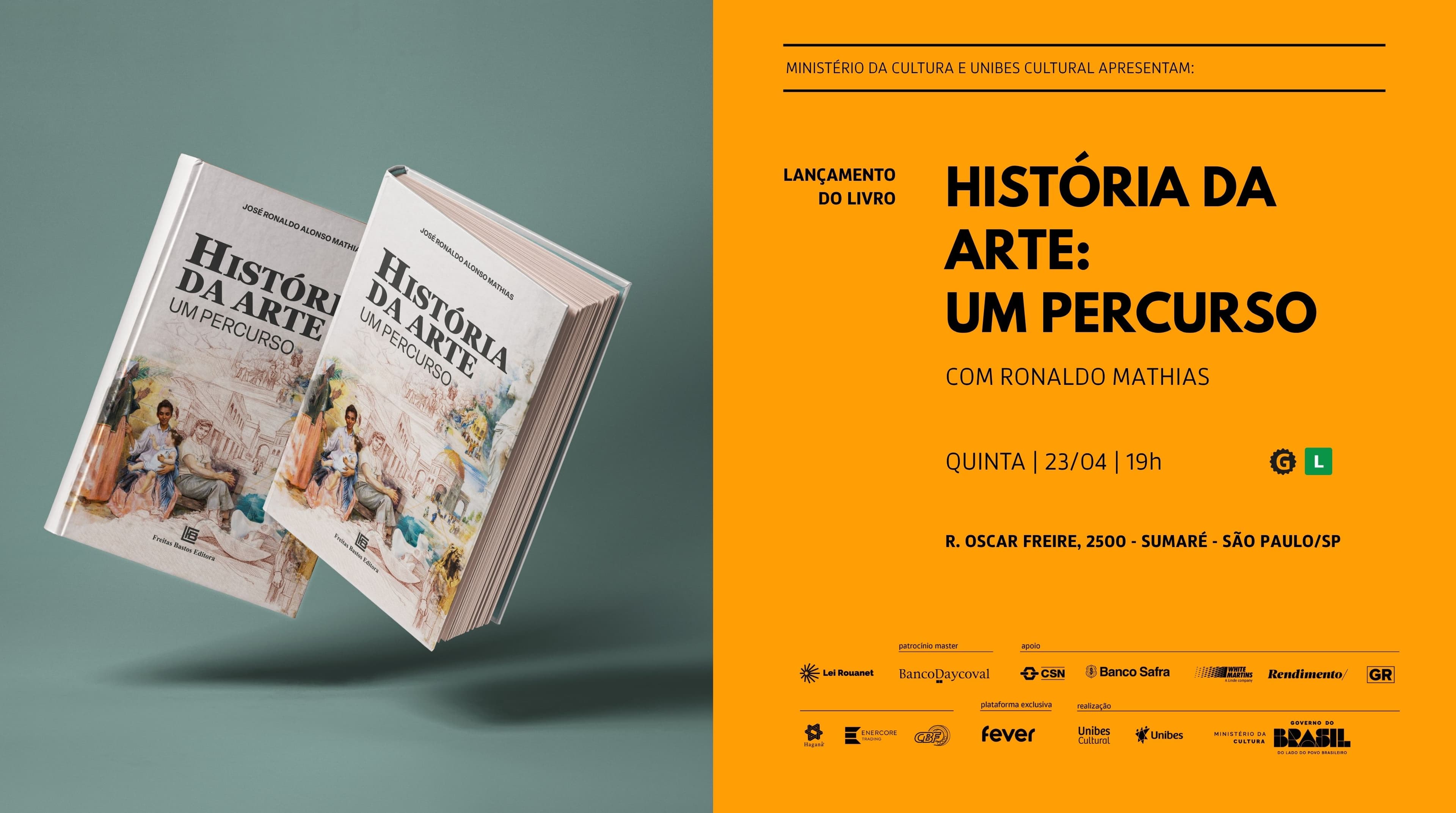 Banner do evento Lançamento do Livro “História da Arte: Um Percurso” com Ronaldo Mathias