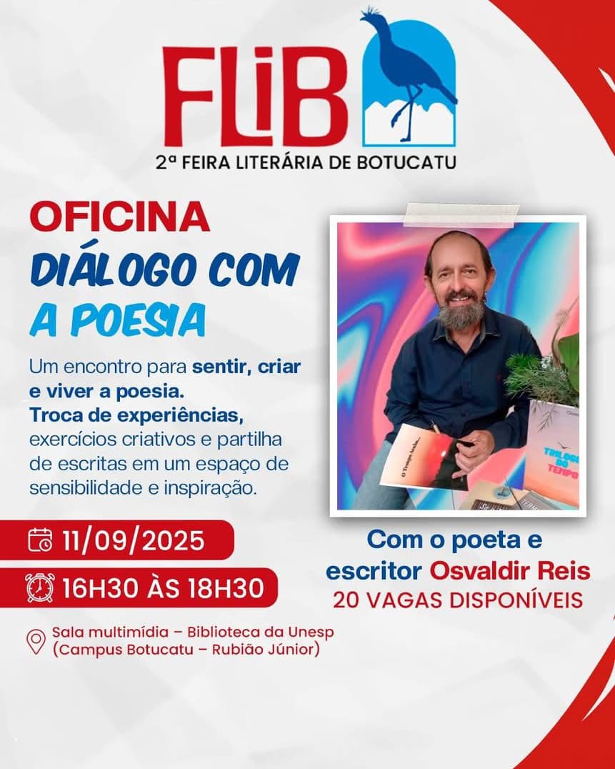 Banner do evento OFICINA: DIÁLOGO COM A POESIA com o poeta e escritor Osvaldir Reis ✍🏻