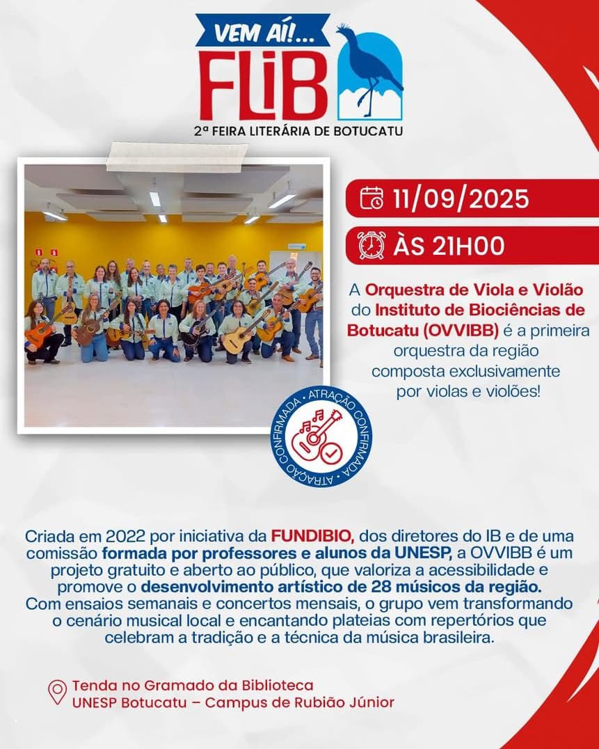 Banner do evento ORQUESTRA DE VIOLA E VIOLÃO (OVVIBB) do Instituto de Biociências da UNESP de Botucatu