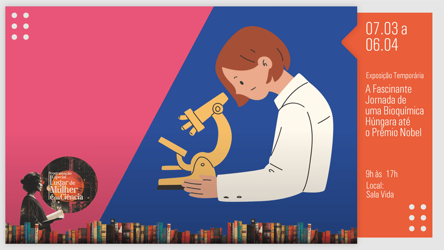Banner do evento Exposição temporária: A FASCINANTE JORNADA DE UMA BIOQUÍMICA HÚNGARA ATÉ O PRÊMIO NOBEL
