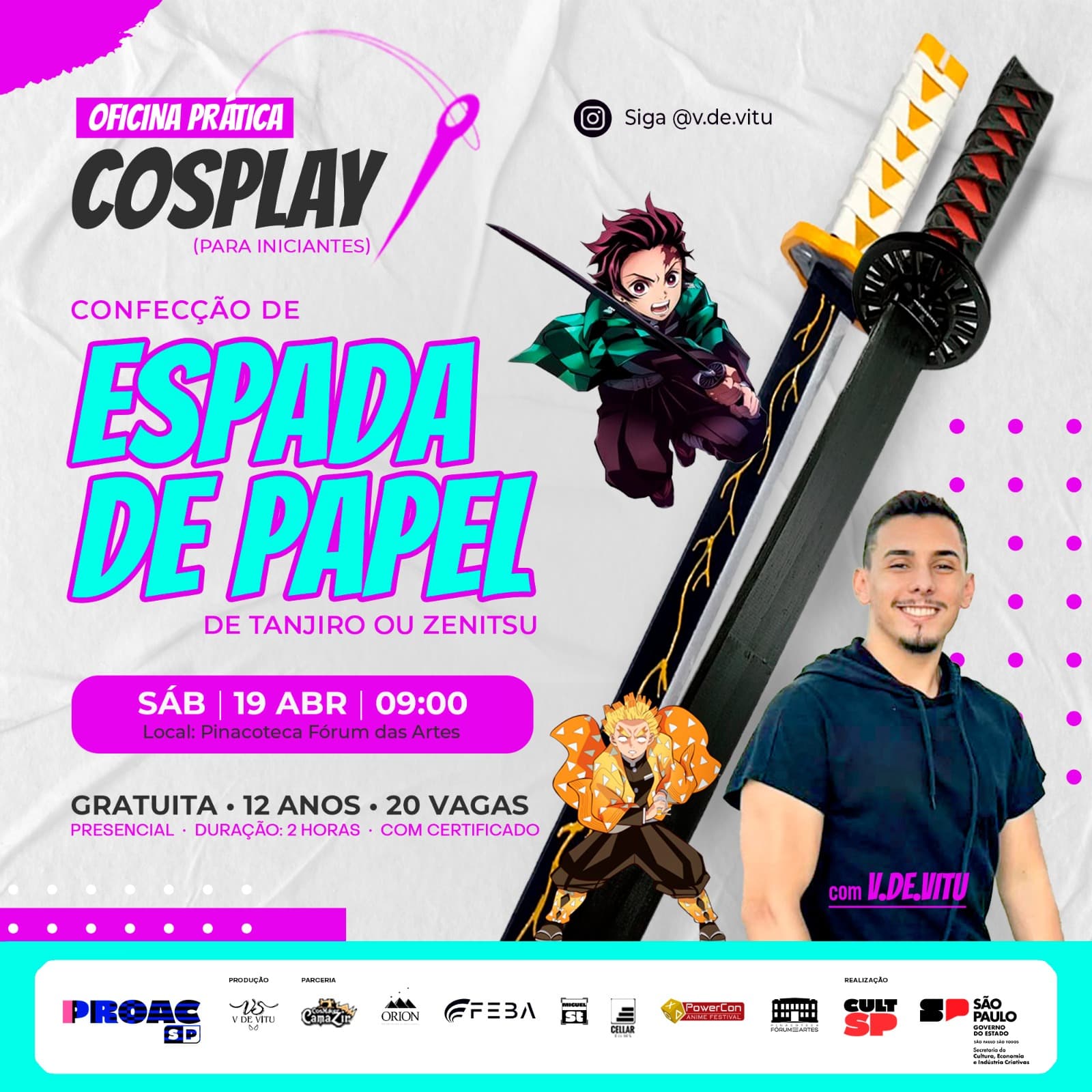 Banner do evento Oficina Prática de Cosplay – Confecção de Espada de Papel do Anime Demon Slayer