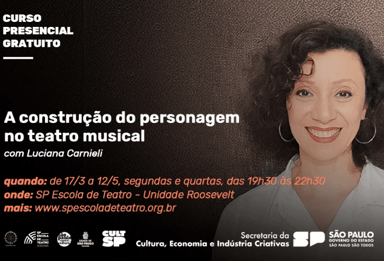 Banner do evento Curso Presencial e Gratuito "A construção do personagem no teatro musical"