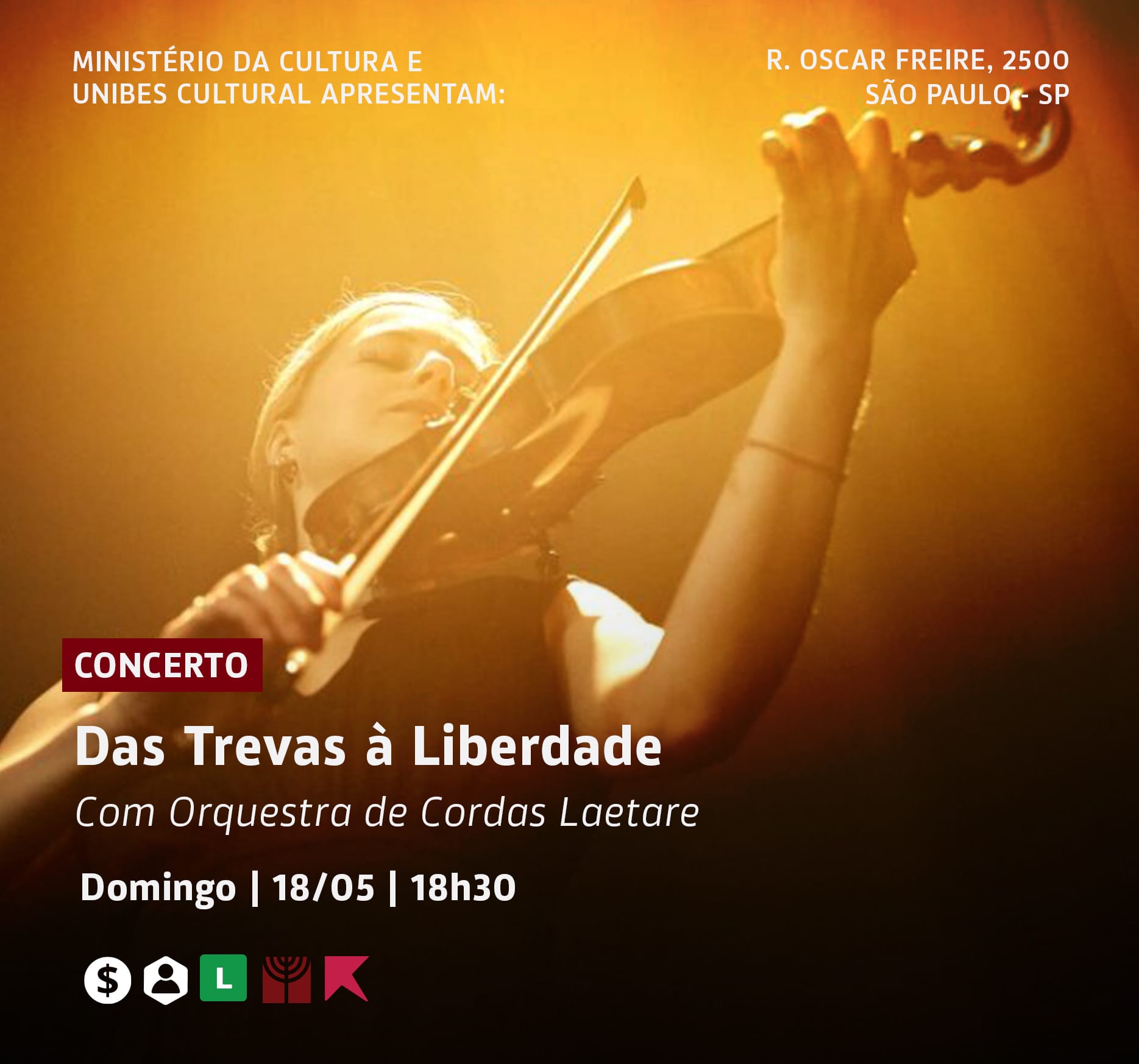 Banner do evento Concerto Das trevas à liberdade com Orquestra de Cordas Laetare