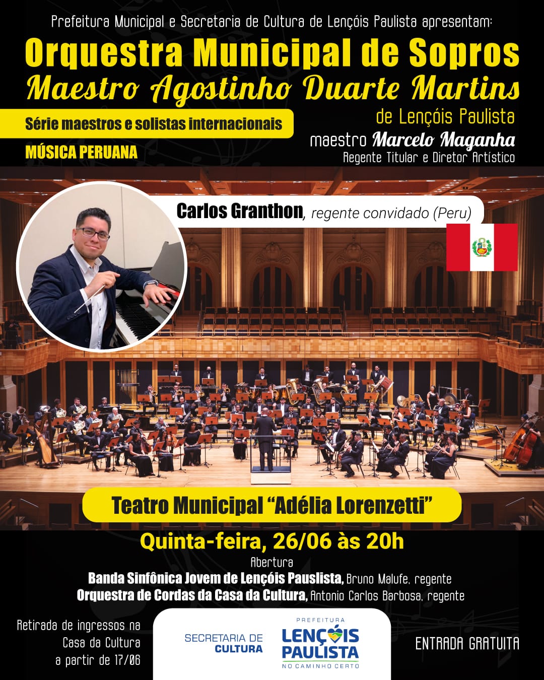 Banner do evento Concerto Orquestra Municipal de Sopros de Lençóis Paulista: Série maestros e solistas internacionais