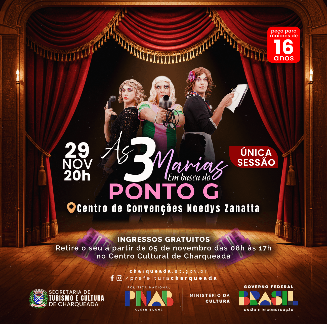 Banner do evento Peça Teatral - As Três Marias em Busca do Ponto G