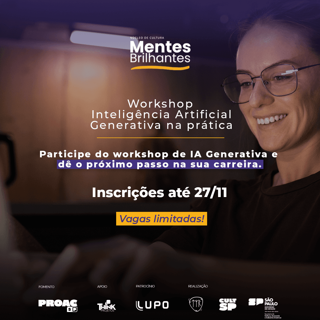Banner do evento Workshop Inteligência Artificial Generativa na Prática – Do Conceito à Criação de Fluxos Interativos