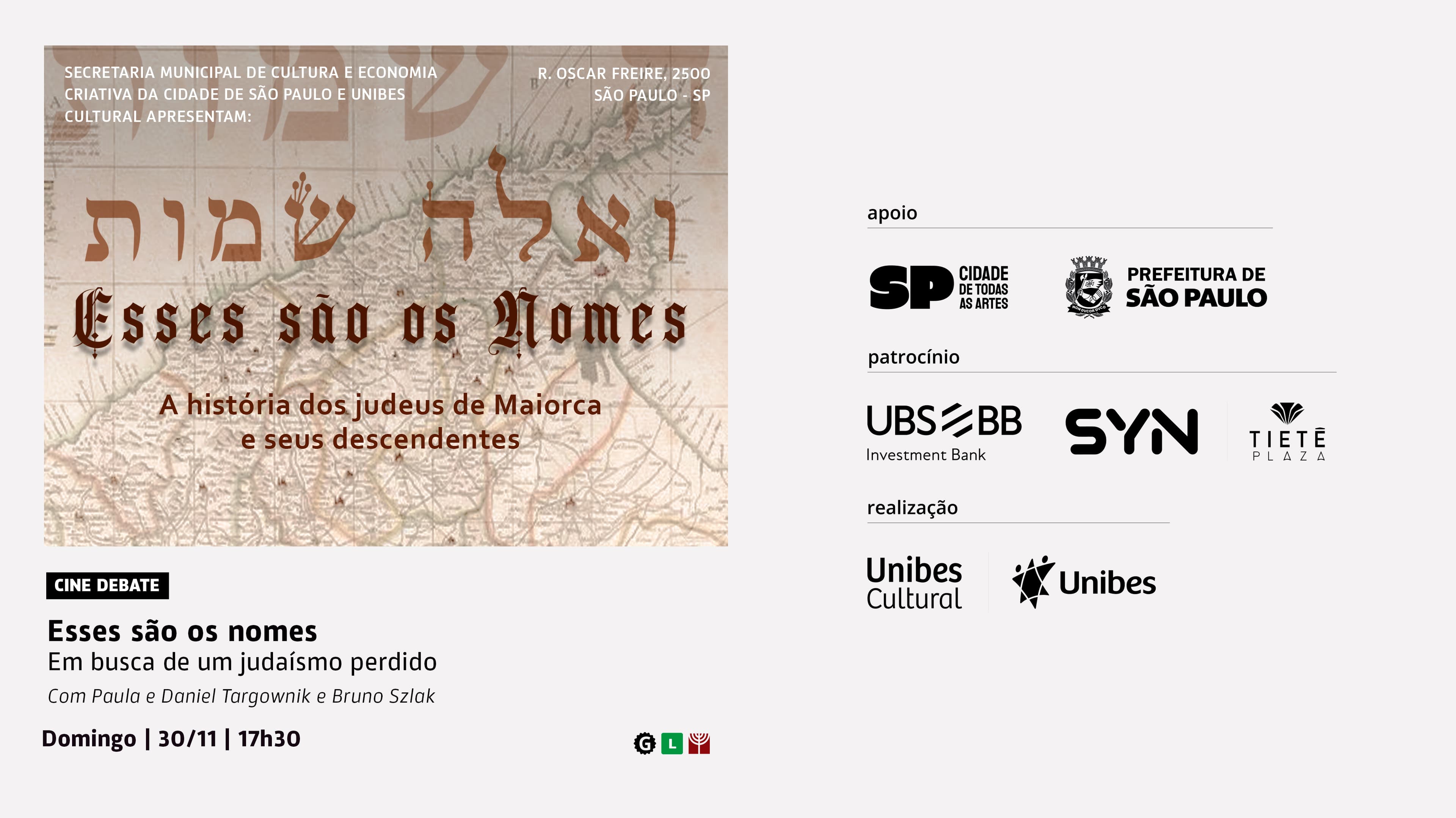 Banner do evento Cine debate: Esses são os nomes, com Paula e Daniel Targownik e mediação de Bruno Szlak