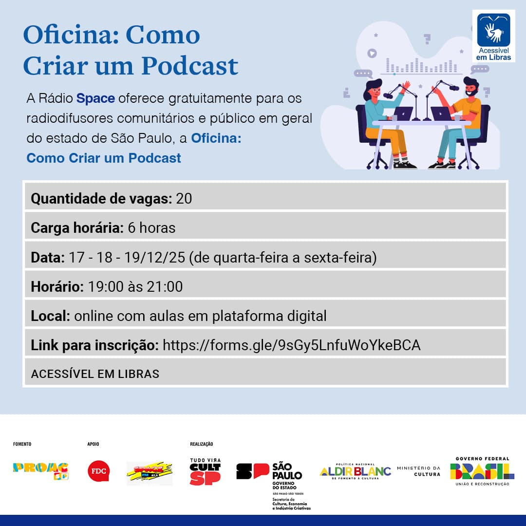 Banner do evento OFICINA "COMO CRIAR UM PODCAST"