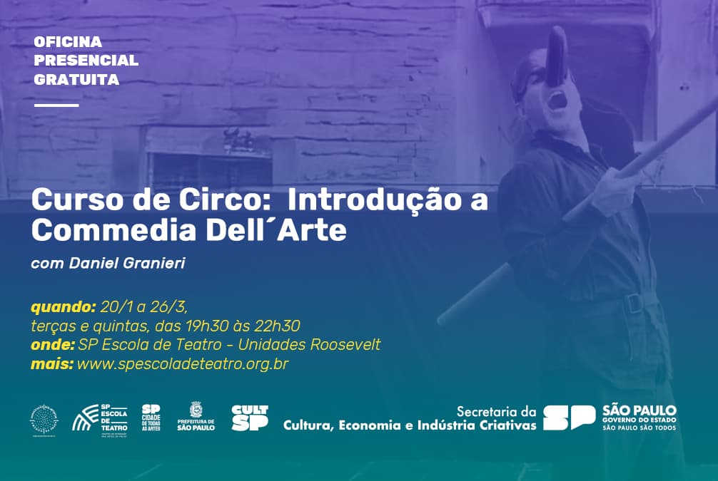 Banner do evento Curso gratuito de Circo: Introdução à Commedia dell’Arte